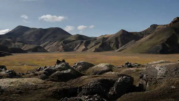 Moss-covered lava field in the foreground and brown mountains in the back